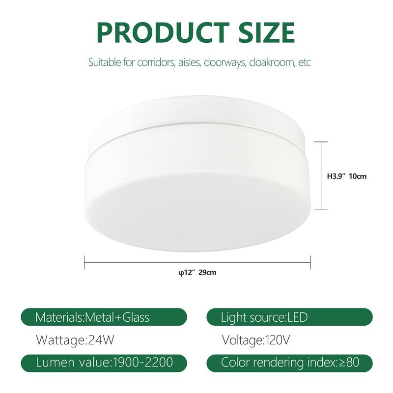 LED Flush Mount Ceiling Light Fixture, Modern Ceiling Lamp 24W 12 Inch Closet Round Surface for Bathroom Laundry Bedroom