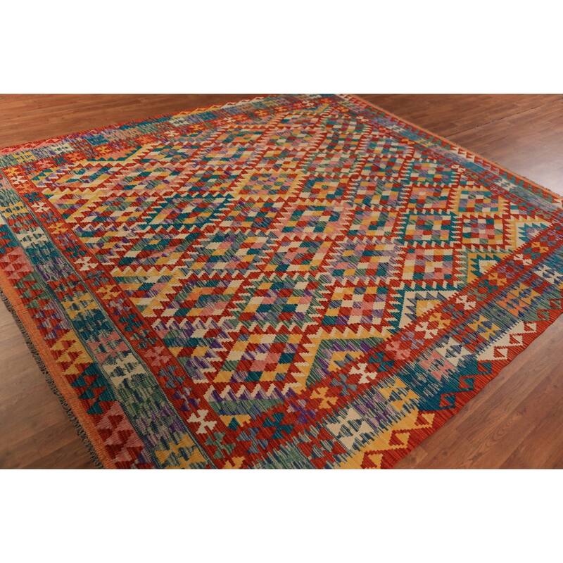 Geometric Kilim Oriental Rug Hand-Woven Multi-Color Wool Carpet - 8'5"x 9'9"