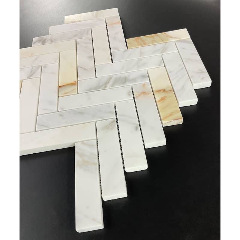 Calacatta Gold 1 x 4 Marble Harringbone Wall and Floor Mosaic - Case (10 Sheets)