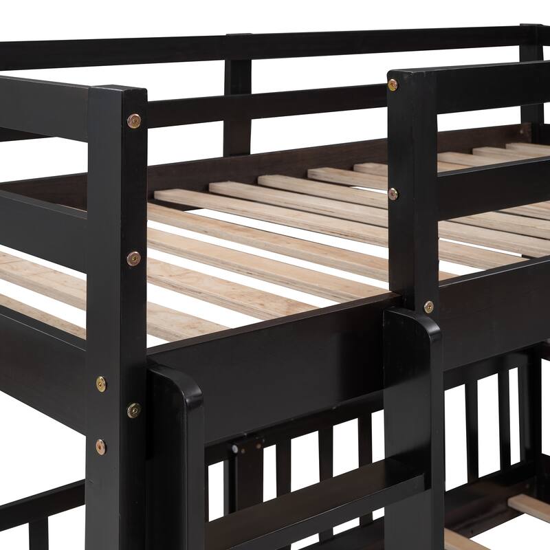 Solid Wood Twin Over Twin Size Low Bunk Bed with Slide and Ladder