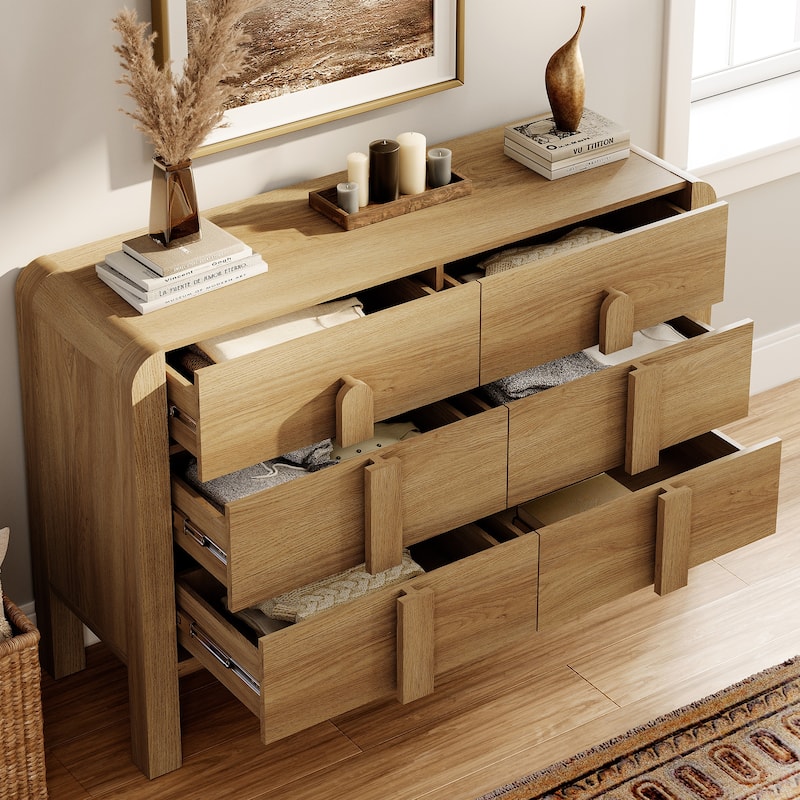 5 Pcs Wood Dresser and Nightstand Sets for Bedroom，Mid-Century Modern Bedroom Set with Curved Profile Design
