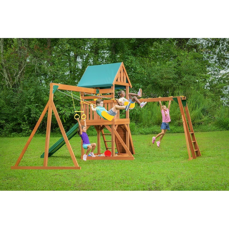 Mountain View Swing Set with Tarp Roof, Climbing Wall, Monkey Bars