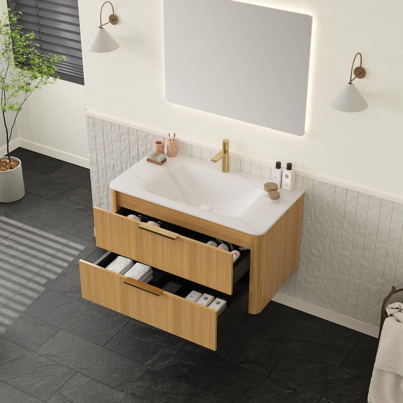 30"/36" Wall-Mounted Bathroom Vanity with Sink, Floating Vanity Base with Sintered Stone Hot-bent Integrated Basin