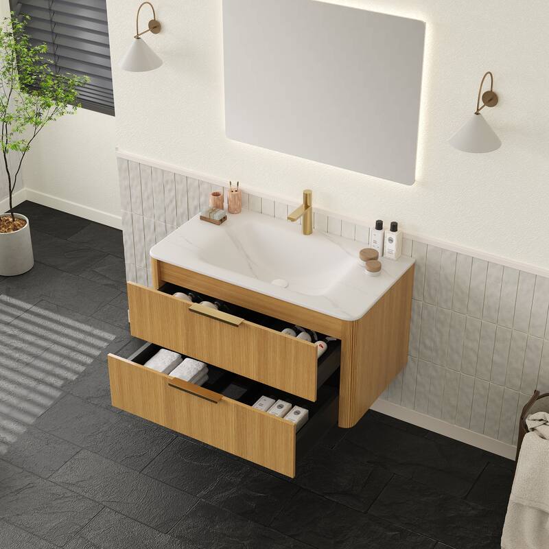 36" Floating Bathroom Vanity with Sink with Drawers, Carrara Sintered Stone Integrated Basin, Pre-Assembled