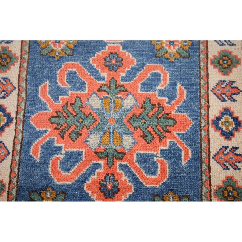 Geometric Kazak Foyer Rug Hand-Knotted Blue Wool Carpet - 2'0" x 3'0"