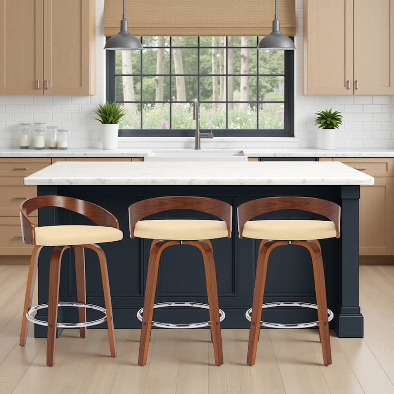 Carson Carrington Solavagen Mid-Century Modern Swivel Counter or Bar Stool - Cream & Walnut - Counter Height - Set of 3