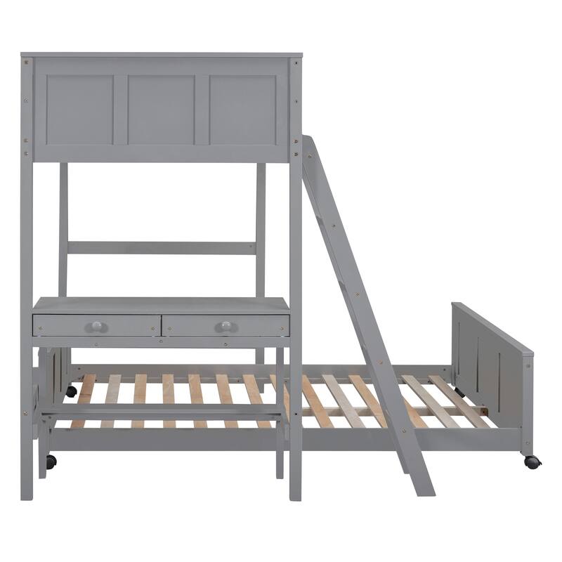 HomeRoots Gray Twin Over Full Wood Bunk Bed With Desk Drawers And Storage