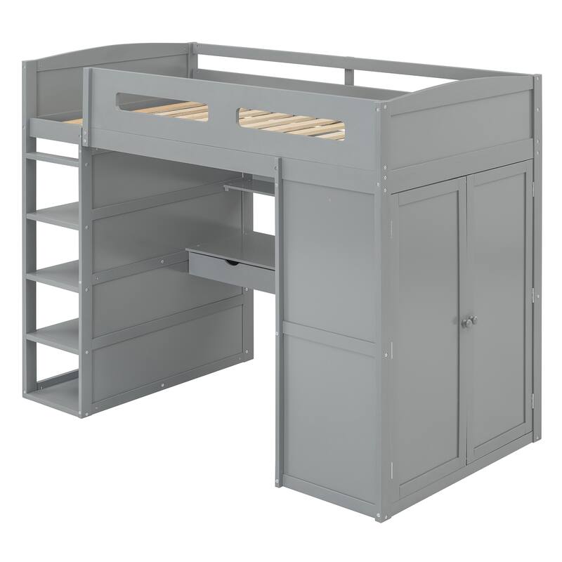 Loft Bed with Desk, Wardrobes, 4 Drawers and 4 Shelves