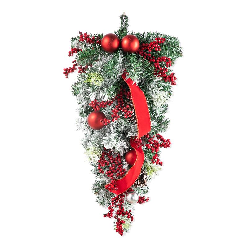 Glitzhome 25"H Artificial Christmas Flocked Berry, Ornament and Pinecone Ribbon Teardrop Door Hanging Decor