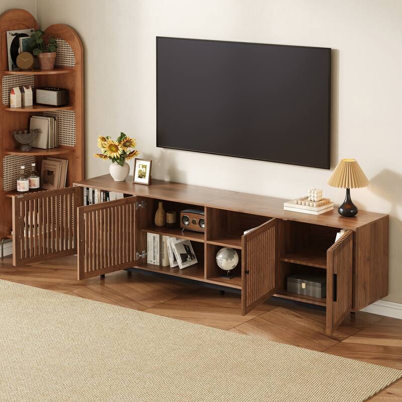 TV Storage Stand for TVs up to 85", Boho Entertainment Center with Louvered Door, Media Storage Console with 4 Cabinets
