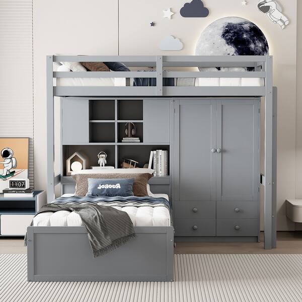 slide 2 of 15, Twin Bunk Bed Kids Bed with Drawers, Wardrobe, Storage