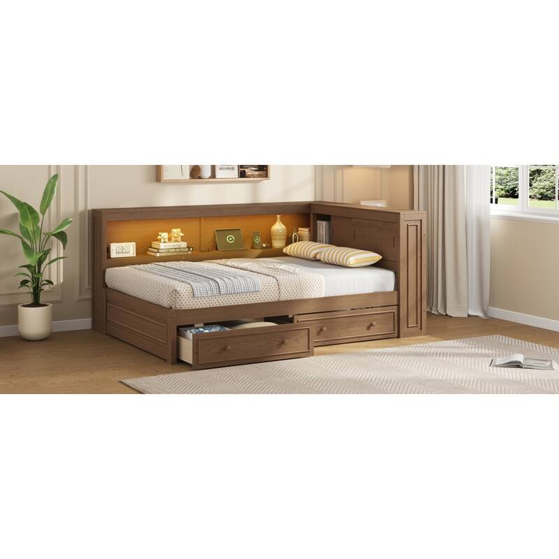 Roomfitters Full Size Wood Daybed with LED Lights, USB Ports and 2 Drawers