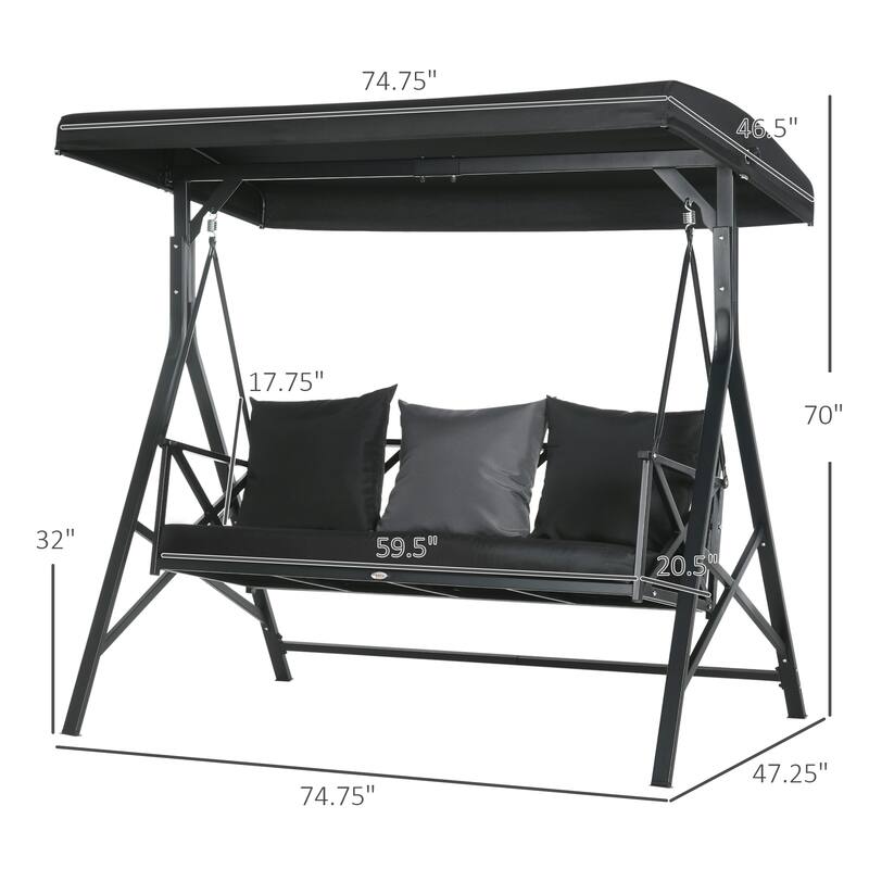Outsunny 3-Seat Patio Swing Chair, Outdoor Canopy Swing Glider with Cushion with 3 Throw Pillows & Adjustable Shade for Porch