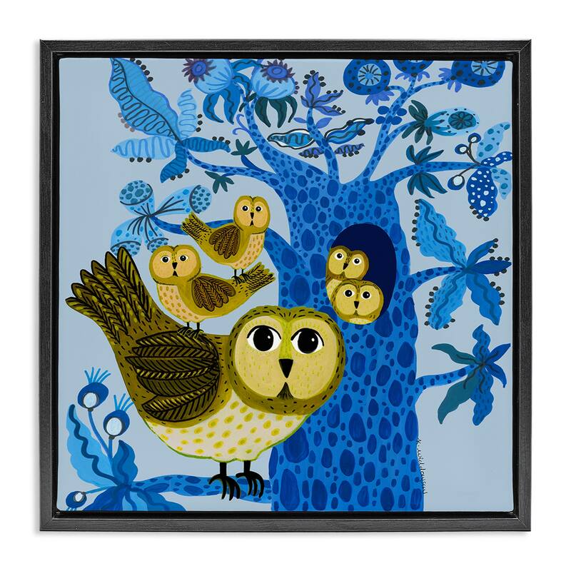 Stupell Playful Owls in Tree Framed Floater Canvas Wall Art Design By Kay Widdowson - 25 x 25 - Black