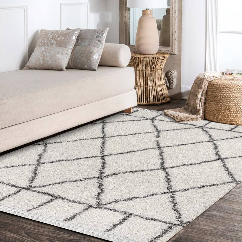 JONATHAN Y Modern Shag Plush Tassel Moroccan Geometric Trellis Area Rug