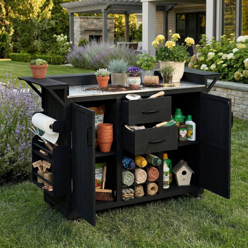 Roomfitters Outdoor Grill Cart and Kitchen Island, Stainless Steel Top, Portable Potting Bench with Storage, Wheels - Black