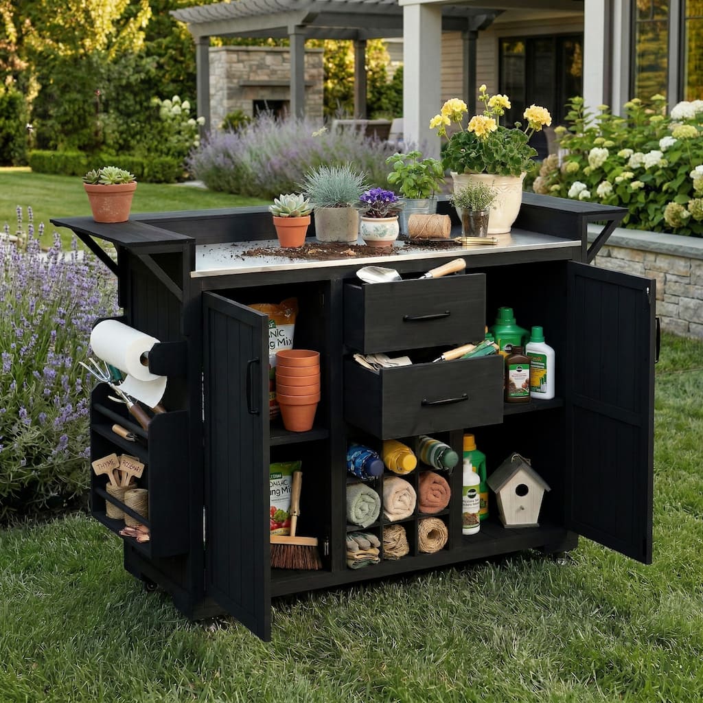 Roomfitters Outdoor Grill Cart and Kitchen Island, Stainless Steel Top, Portable Potting Bench with Storage, Wheels