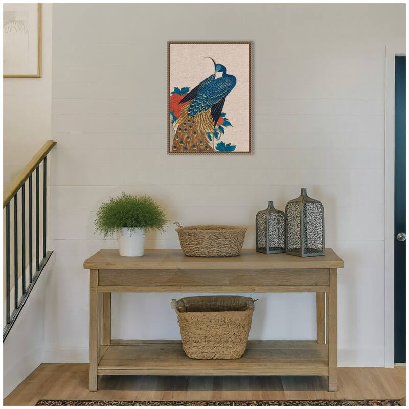 Kate and Laurel Sylvie Peacock and Peonies 1840 Utagawa Hiroshige Neutral Linen Framed Canvas by The Art Institute of Chicago