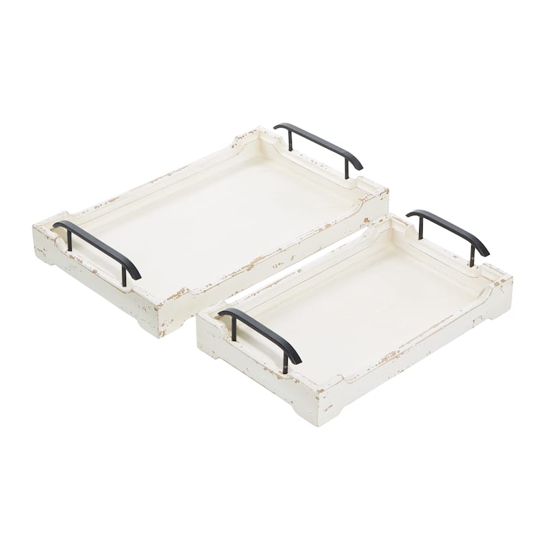 White Wood Living Room Decor Tray with Metal Handles (Set of 2) - 20 x 13 x 4