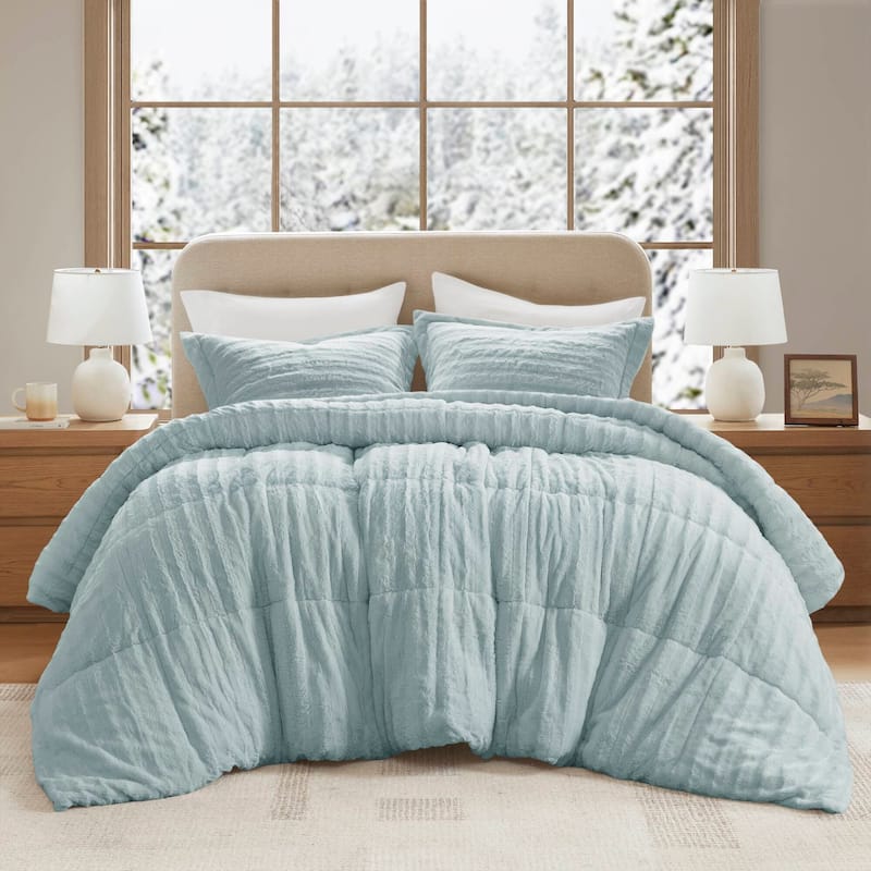 Madison Park York Faux Fur Comforter Mini Set - Aqua - Queen