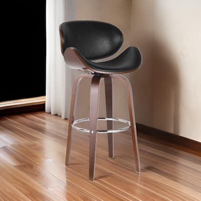 Zaine Swivel Barstool Chair, Walnut Veneer, Black Faux Leather