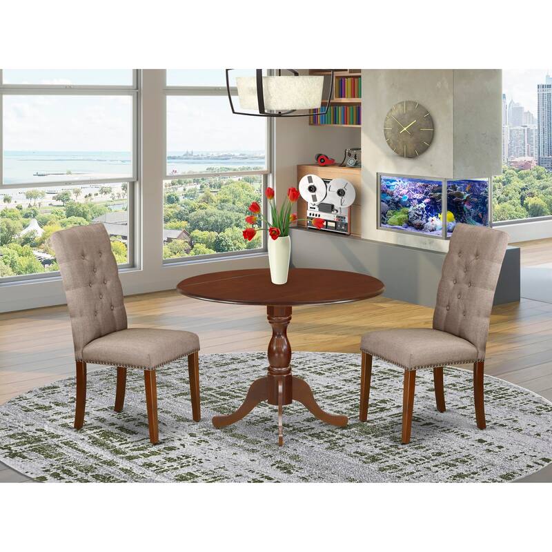 East West Furniture 3 Piece Dinette Set- a Round Dining Table and 2 Linen Fabric Parsons Dining Chairs, (Finish Options) - DMEL3-MAH-16