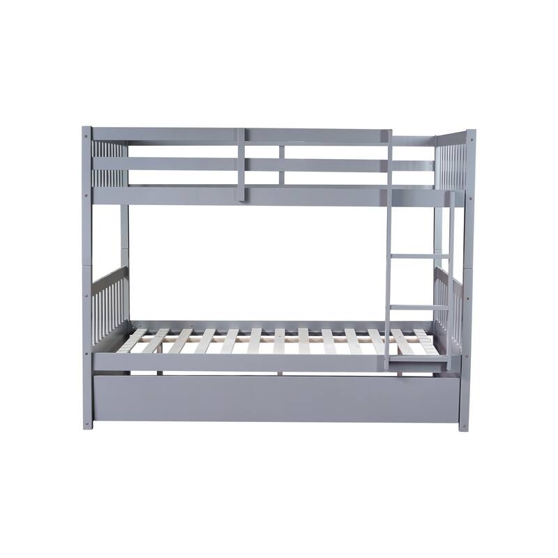 Full Over Full Rubber Wood Bunk Bed with Trundle, Ladder and Guardrails, Convertible to 2 Full Size Beds