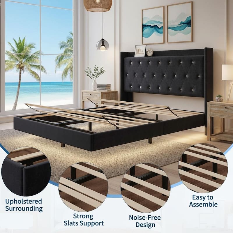 Bed Frame with LED Lights and Wingback