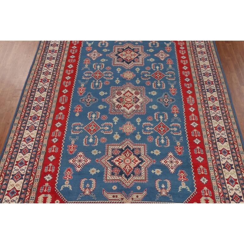 Blue Geometric Kazak Large Area Rug Hand-Knotted Wool Carpet - 9'9" x 13'2"