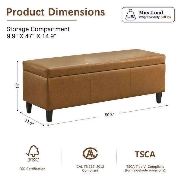 dimension image slide 4 of 7, 50.3" x 17.50" x 18" Upholstered Rectangular Storage Ottoman-Faux Leather