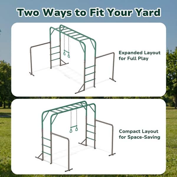 dimension image slide 0 of 3, Hapfan 400lbs 3-in-1 Heavy Duty Metal Monkey Bar Set, Outdoor Playset with Gymnastics Bars & Trapeze Swing for Backyard Outdoor
