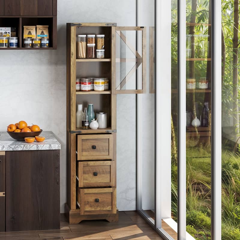 Moasis Farmhouse 67" Tall Linen Tower Bathroom Cabinet with 3 Drawers - Grey Oak
