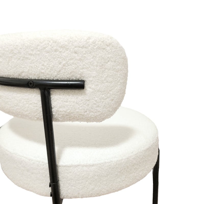 Mid-Century Modern Boucle Dining Chair - White Upholstered Curved Backrest with Black Metal Legs