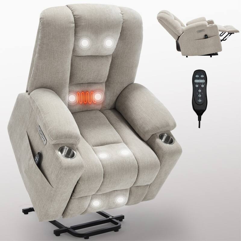 Large Power Lift Recliner with Massage & Heat - Heavy Duty Wide Recliner Chair for Elderly, USB/Type-C Charging, Cup Holders