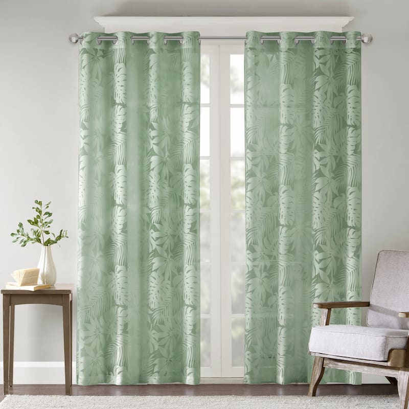 Madison Park Kauna Palm Leaf Burnout Window Curtain Sheer - 50x95" - Sage Green