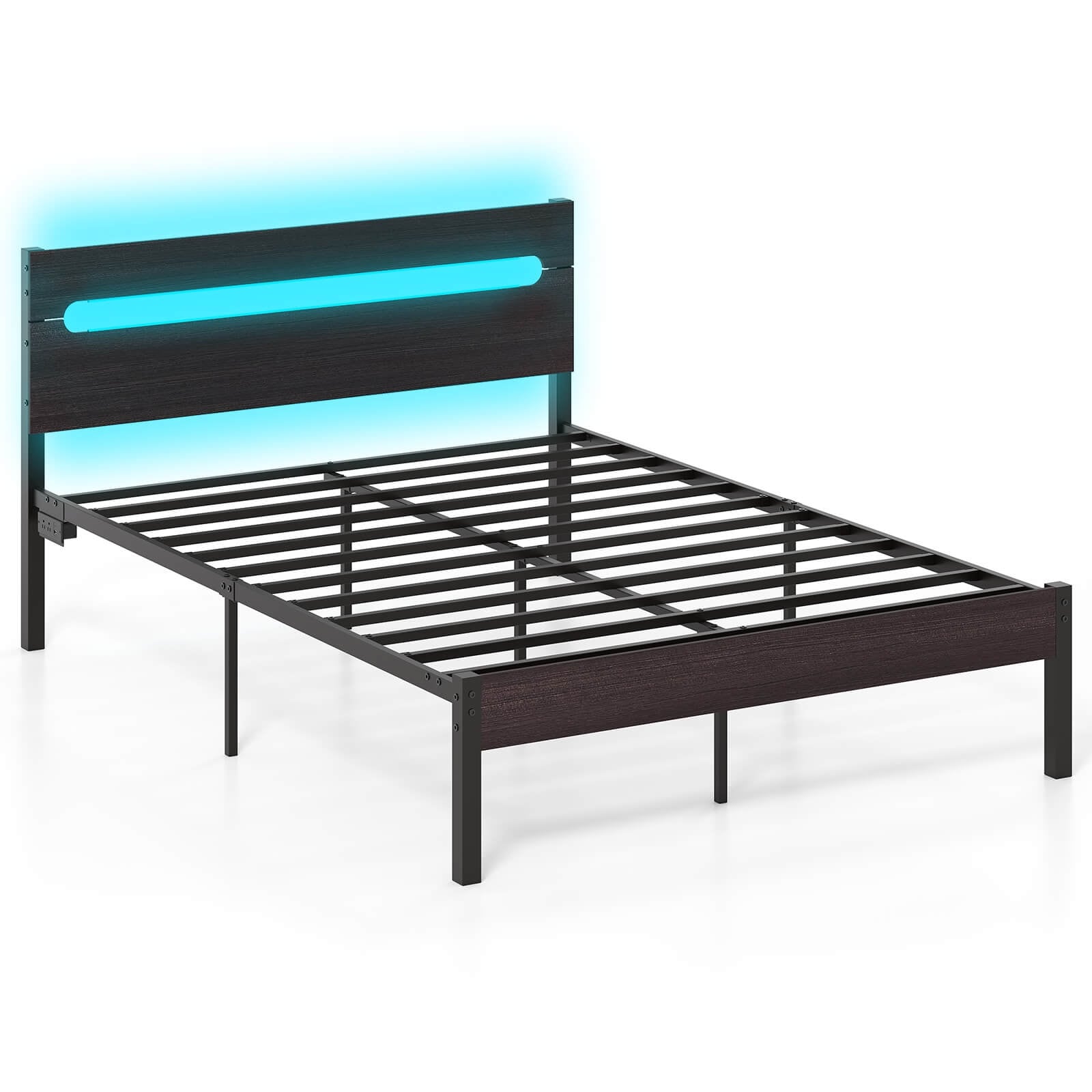Costway Full Size Bed Frame with Built-in Charging Station Sturdy