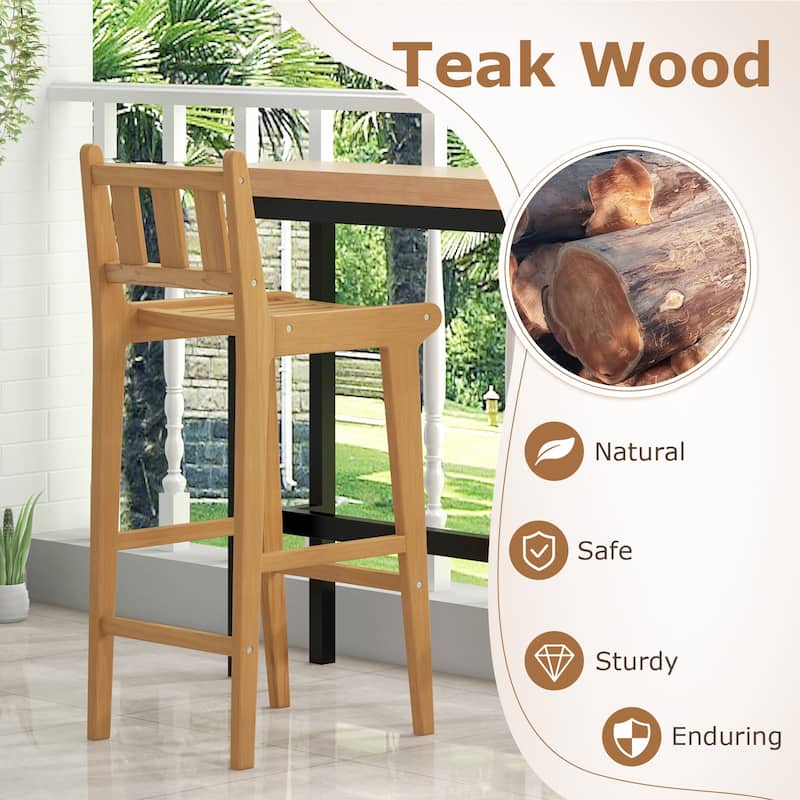 30" Ergonomic Teak Wood Bar Chair with Backrest and Footrest Perfect for Outdoor or Indoor Bars - 16" x 19" x 40"