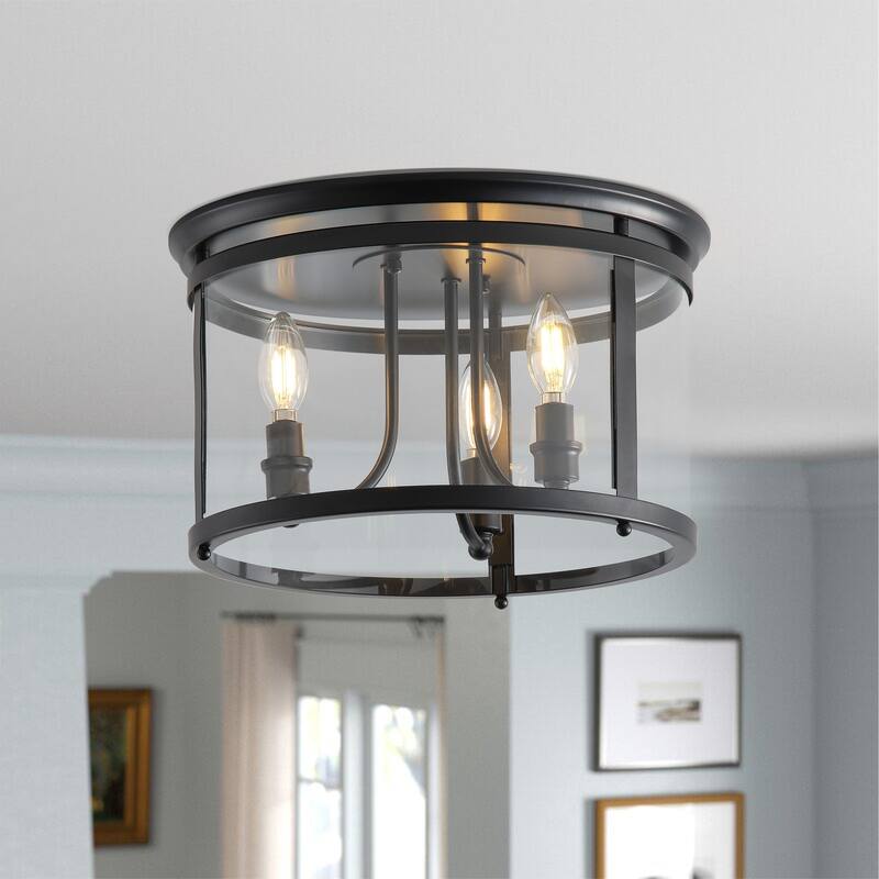 Matte Black 3-Light Candle Style Drum Shape Flush Mount Ceiling Lamp with Glass Shade