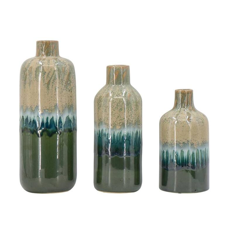 Set of Three Beige Blue And Green Round Ceramic Table Vase - 14.90