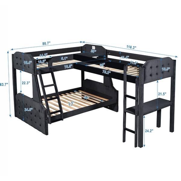 dimension image slide 0 of 2, L-Shaped Twin over Full Bunk Bed with Desk and Upholstered Panels