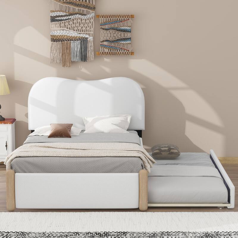 Twin Size Upholstered Platform Bed Frame with Trundle and Wood Supporting Feet, No Box Spring Needed, Bedroom Furniture