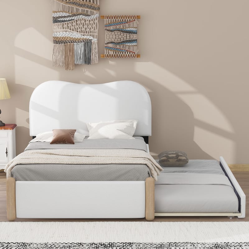 Twin Size Upholstered Platform Bed Frame with Wood Supporting Feet and Slatted, Pull-out Trundle Bed for Bedroom - White