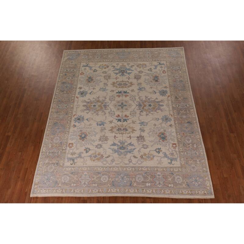 Beige Floral Oushak Vegetable Dye Area Rug Hand-Knotted Wool Carpet - 8'2" x 10'0"