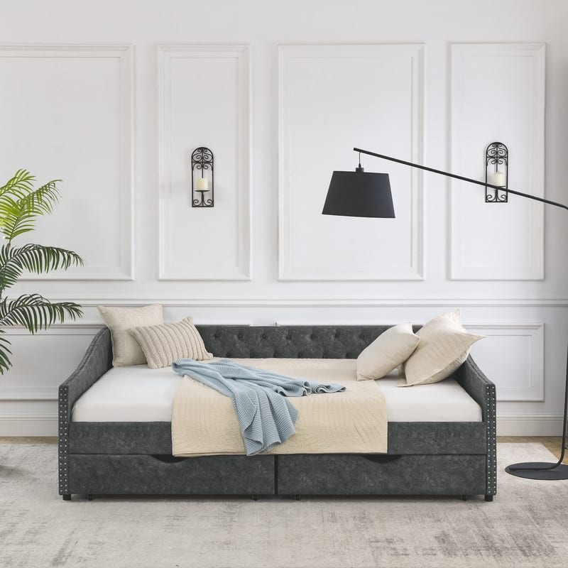 Queen Size Upholstered Tufted Daybed Sofa Bed with Two Drawers