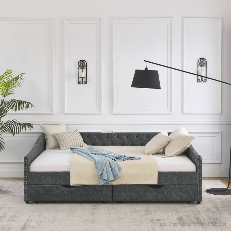 Upholstered Queen Daybed with Two Storage Drawers,Queen Size Button Tufted Sofa Bed Daybed