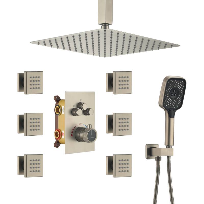 Celling Mount 12 Inch Rainfall Shower Head 3 Function Thermostatic Shower System with 6 Body Jets - Brushed Nickel