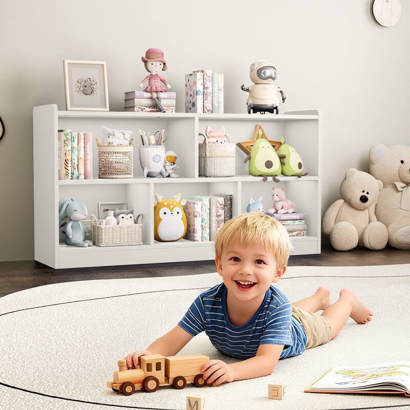 Wooden Storage Cabinet with 5 Sections, Montessori Kids Bookshelf and Toy Organizer for Nursery, Playroom & Classroom