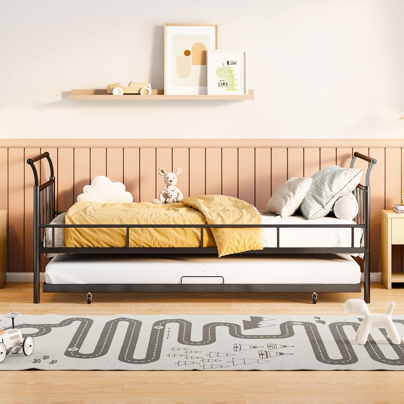 Twin Size Metal Daybed with Curved Handle & Twin Trundle