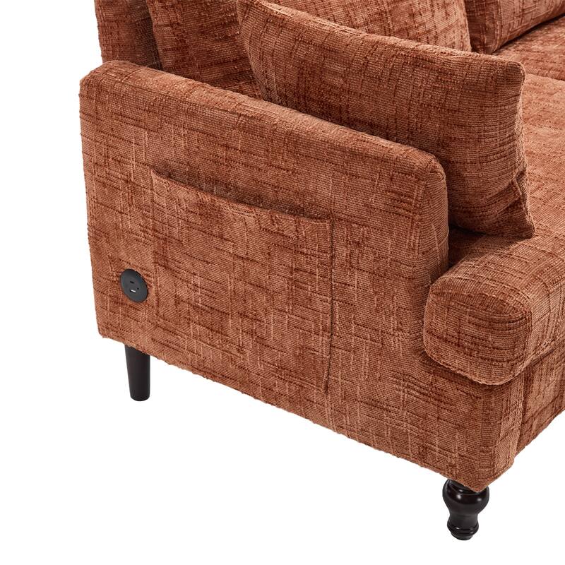 Modern Style Chenille 2-Seater Wood-Legged Sofa With Led Light,USB Charging Port And Storage Bag Living Room Bedroom Study Room