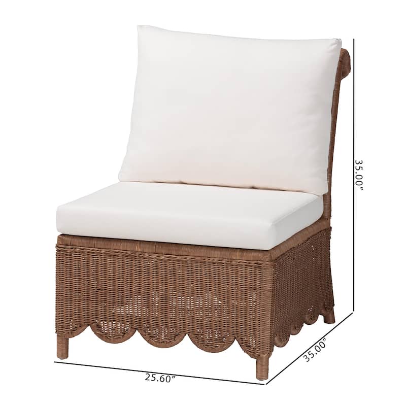 Detta Natural Rattan Accent Chair - Handwoven Wicker Lounge Chair with Rolled Back and Scalloped Skirt Base, Boho Coastal Style
